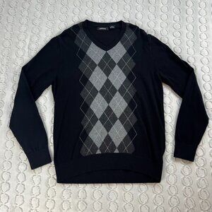 Claiborne Argyle Sweater Men's Medium Black Grey V-Neck Pullover